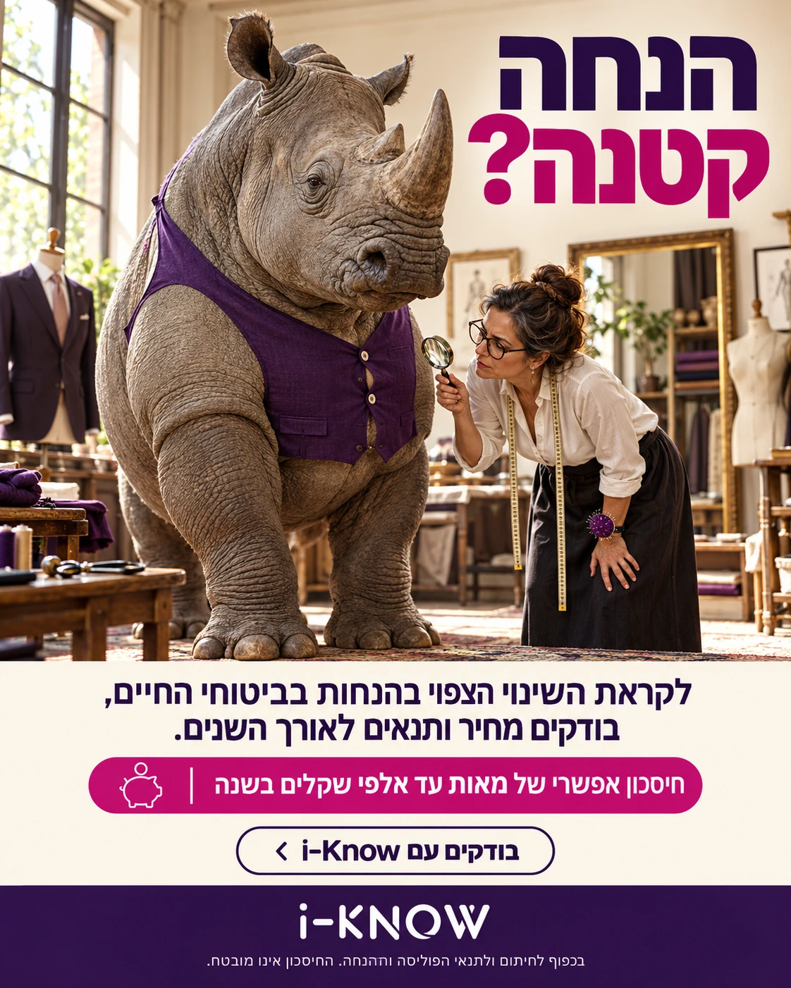 קרנף באפודה קטנה וחייטת שבודקת את ההתאמה, מתוך קמפיין ביטוח החיים של i-Know